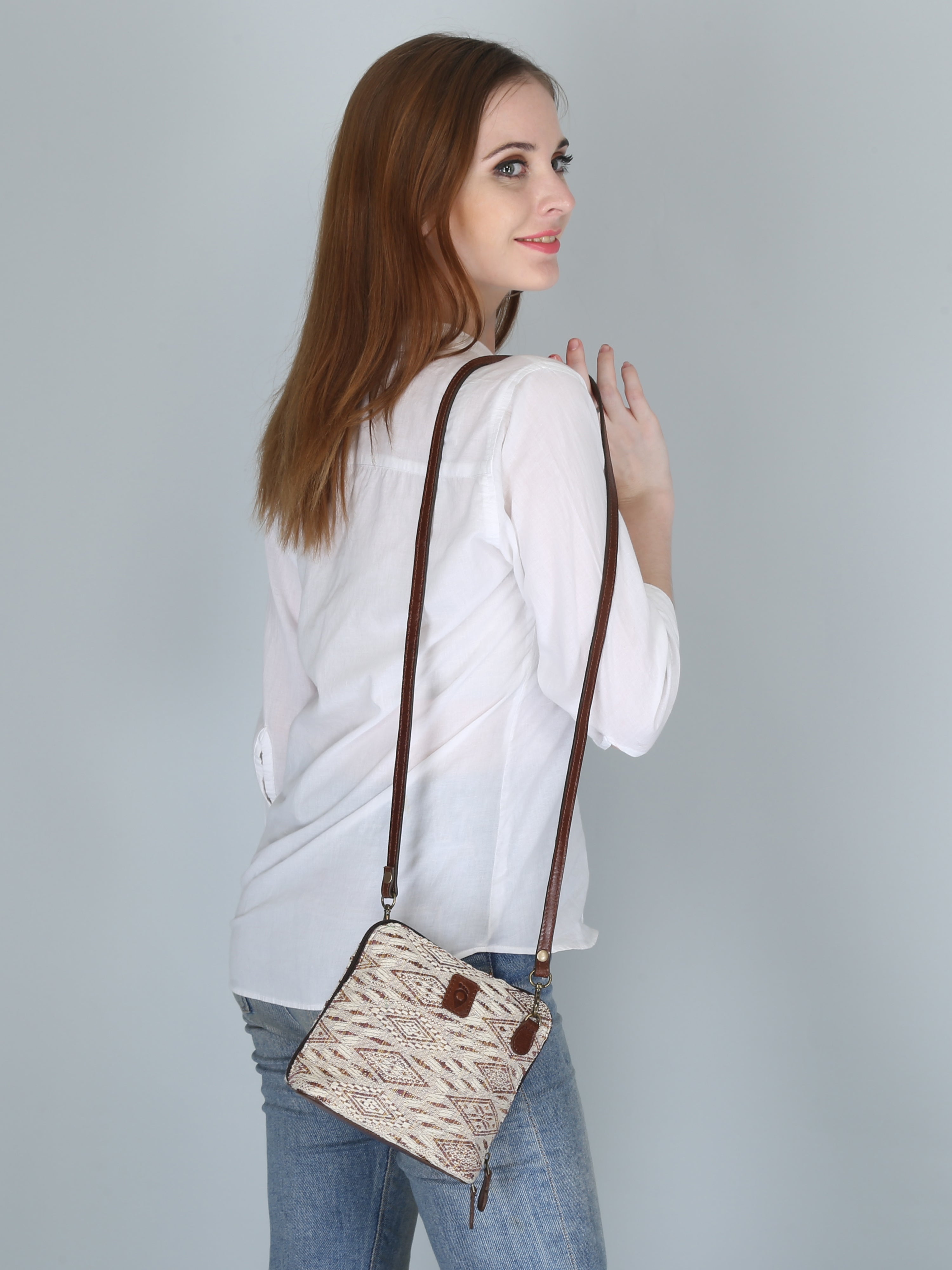 Woven Patterned Sling Bag | Brown and Cream